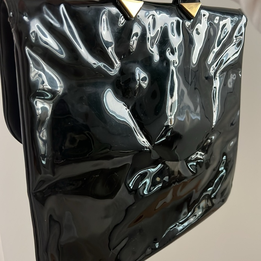 VTG 60s Ronay Black Patent Leather Tote Bag Large Laptop Case Structured Gold - Picture 11 of 14
